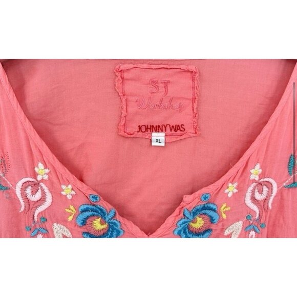 Johnny Was Shirt Womens XS Coral Pink Yellow Embroidered Blouse Bohemian Peasant - Picture 6 of 7